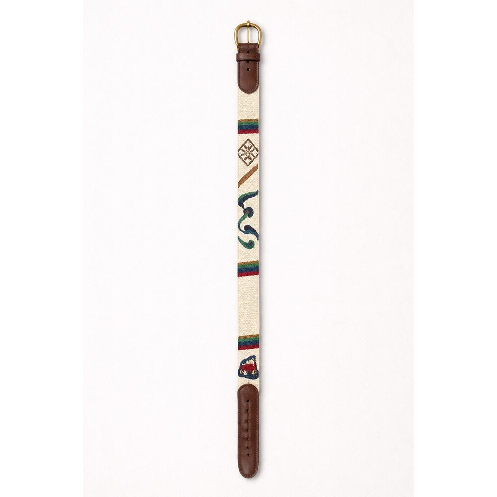 Needlepoint Embroidered Golf Theme Belt with Leather Trim and Brass Buckle